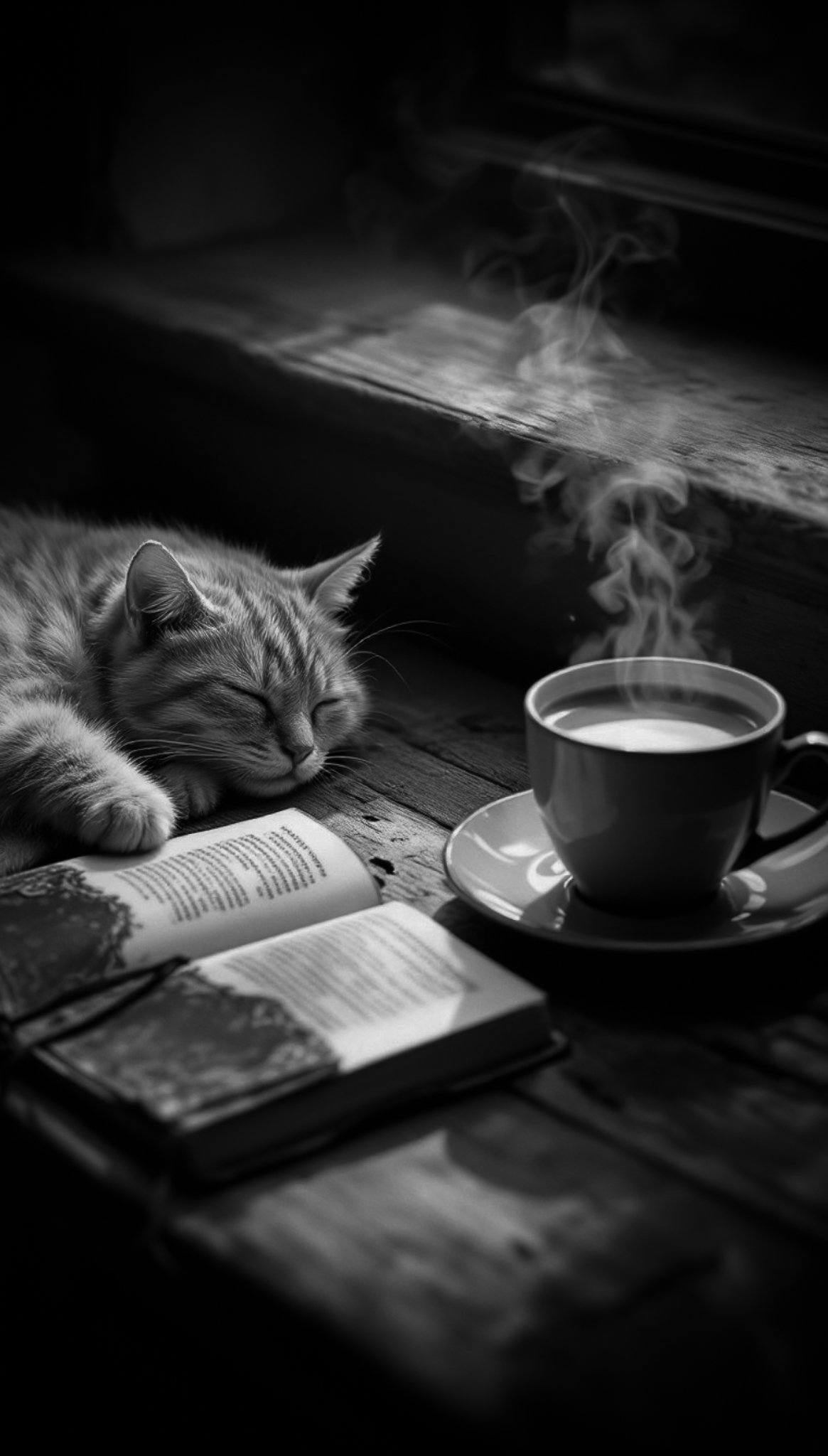 A book, a resting cat and a steaming cup of coffee