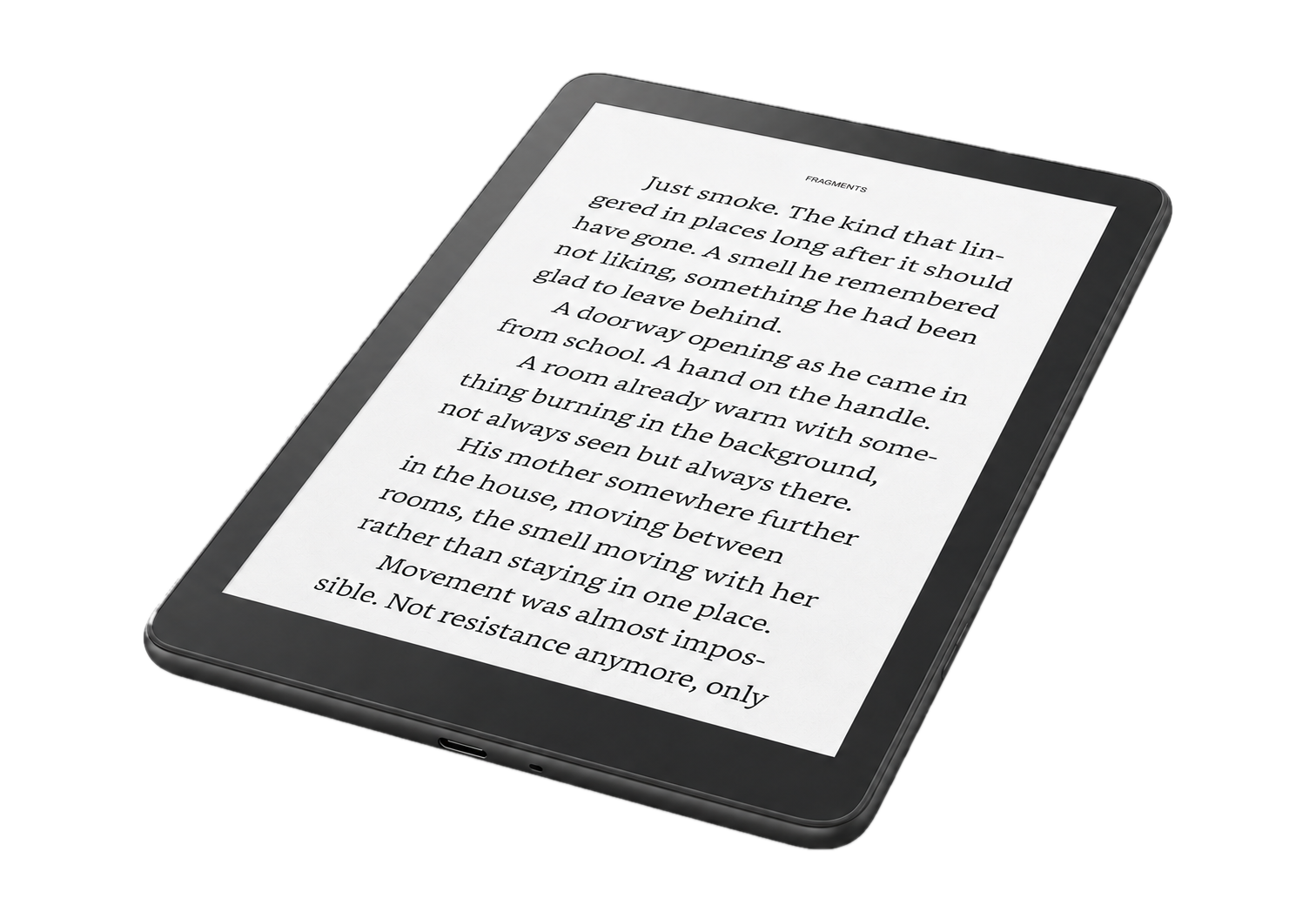 A page from Fragments displayed on a Kindle e-reader