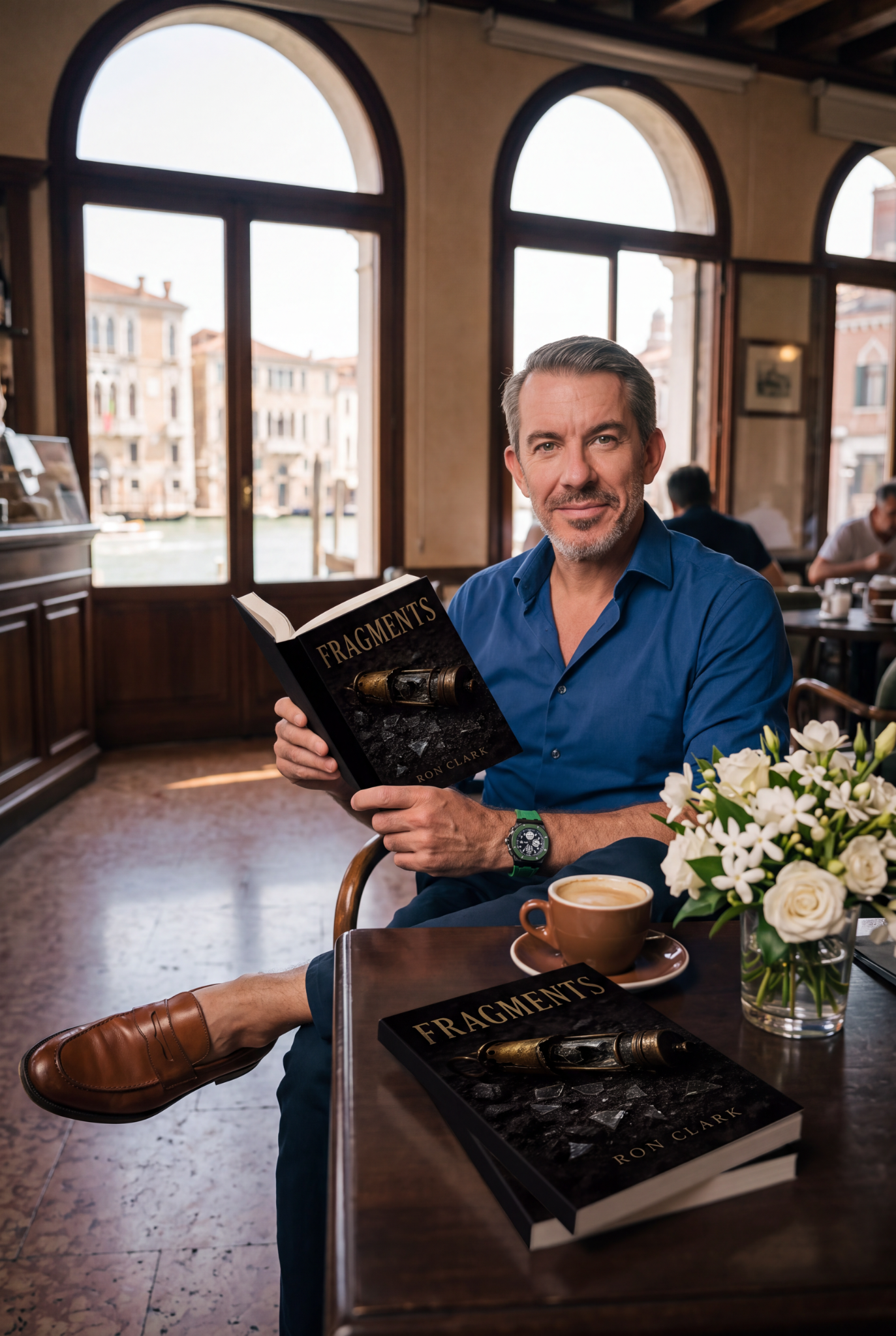 Ron Clark reading Fragments in a café in Venice